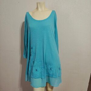 LOGO Lori Goldstein Blue Floral Embroidered Sheer Hem Tunic Top Plus XL 1X